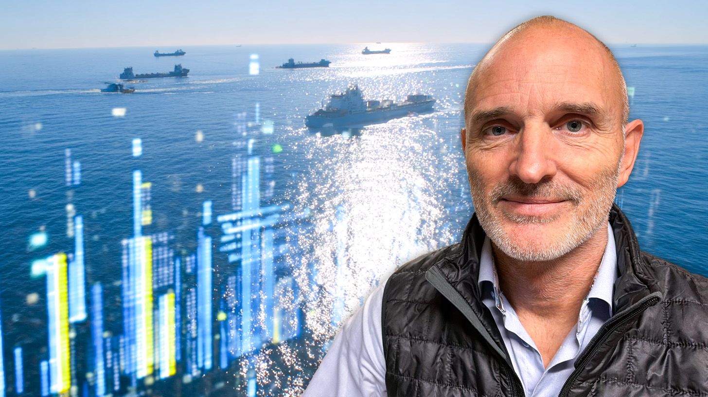 Asbjörn Frydenlund, CEO, Nowhere Networks, in the foreground, the ocean with ships in the background.