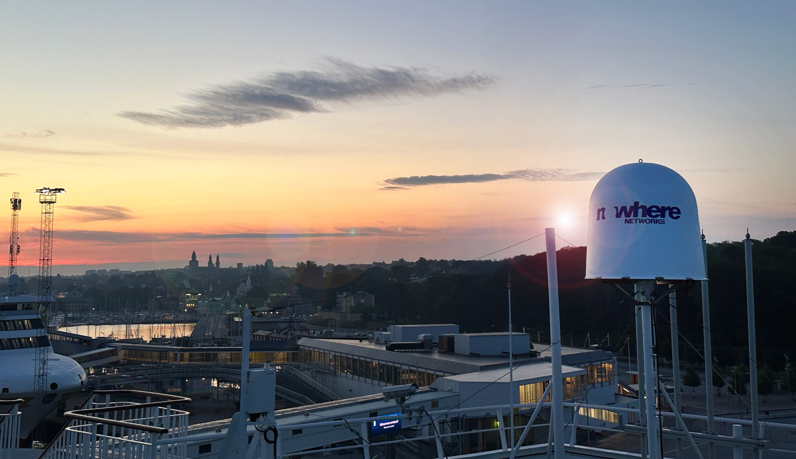 Nowhere antenna at sunset by ship.