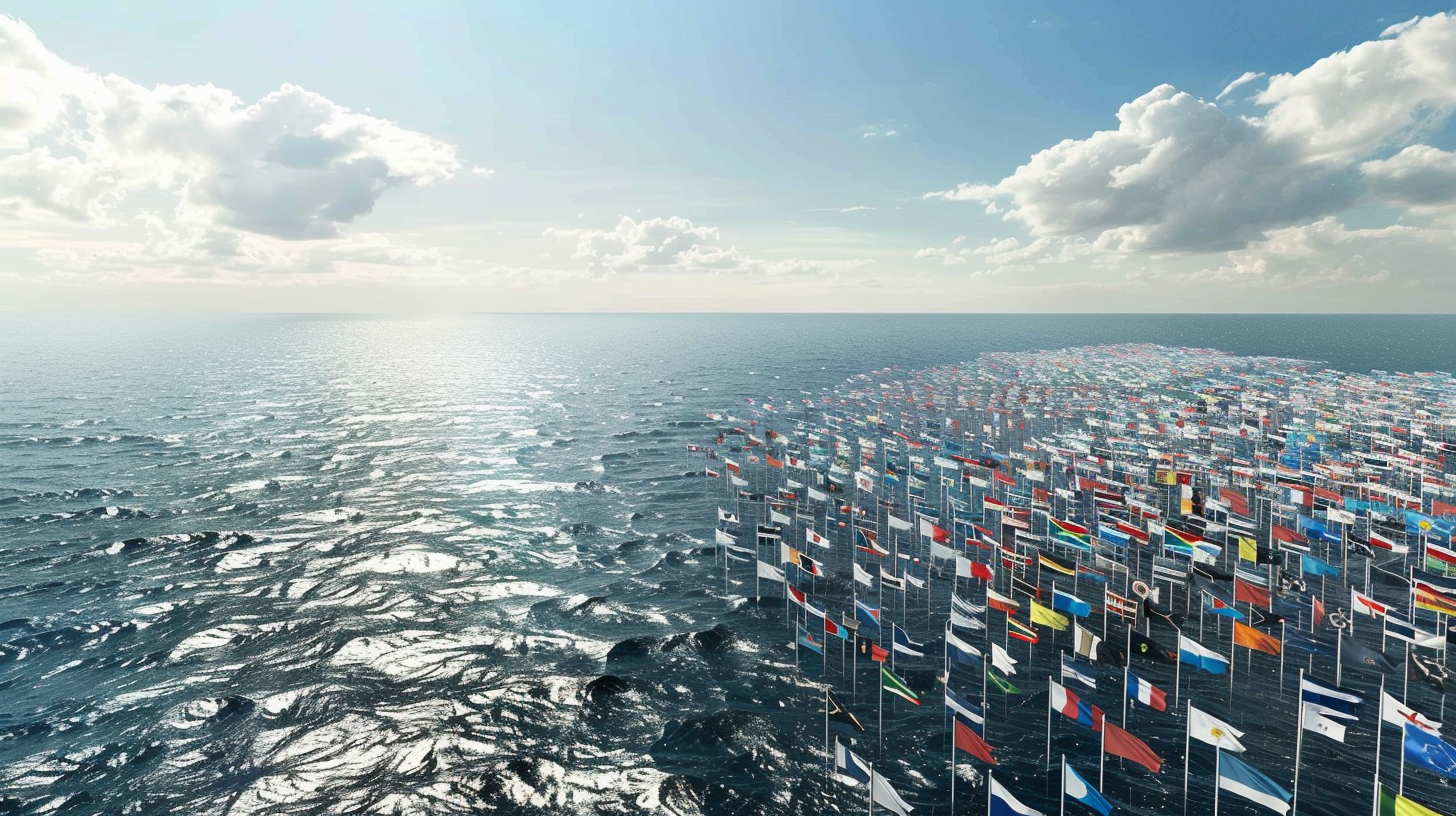 Many many flags at open sea.