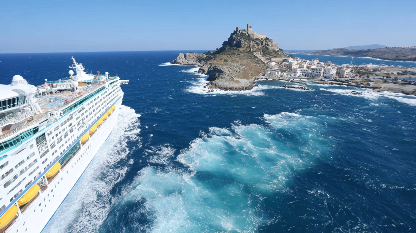 Mediterranean cruise ship near coast.