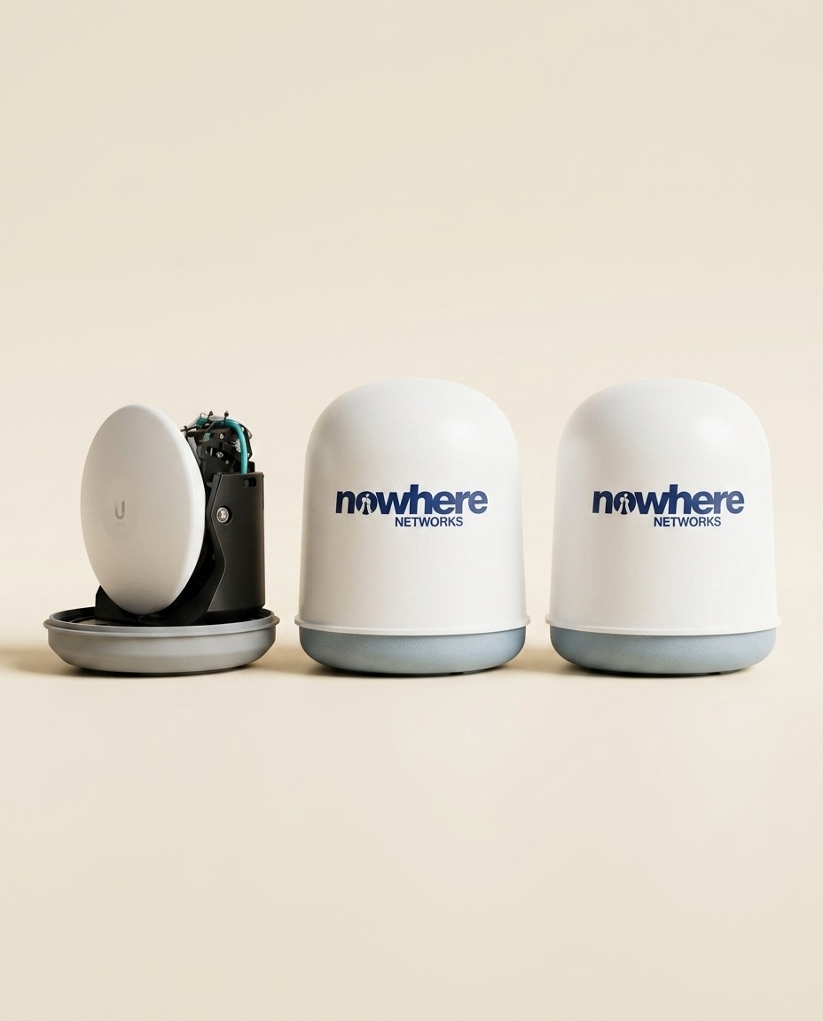 The Nowhere tracker unit family, antenna and radome units side by side