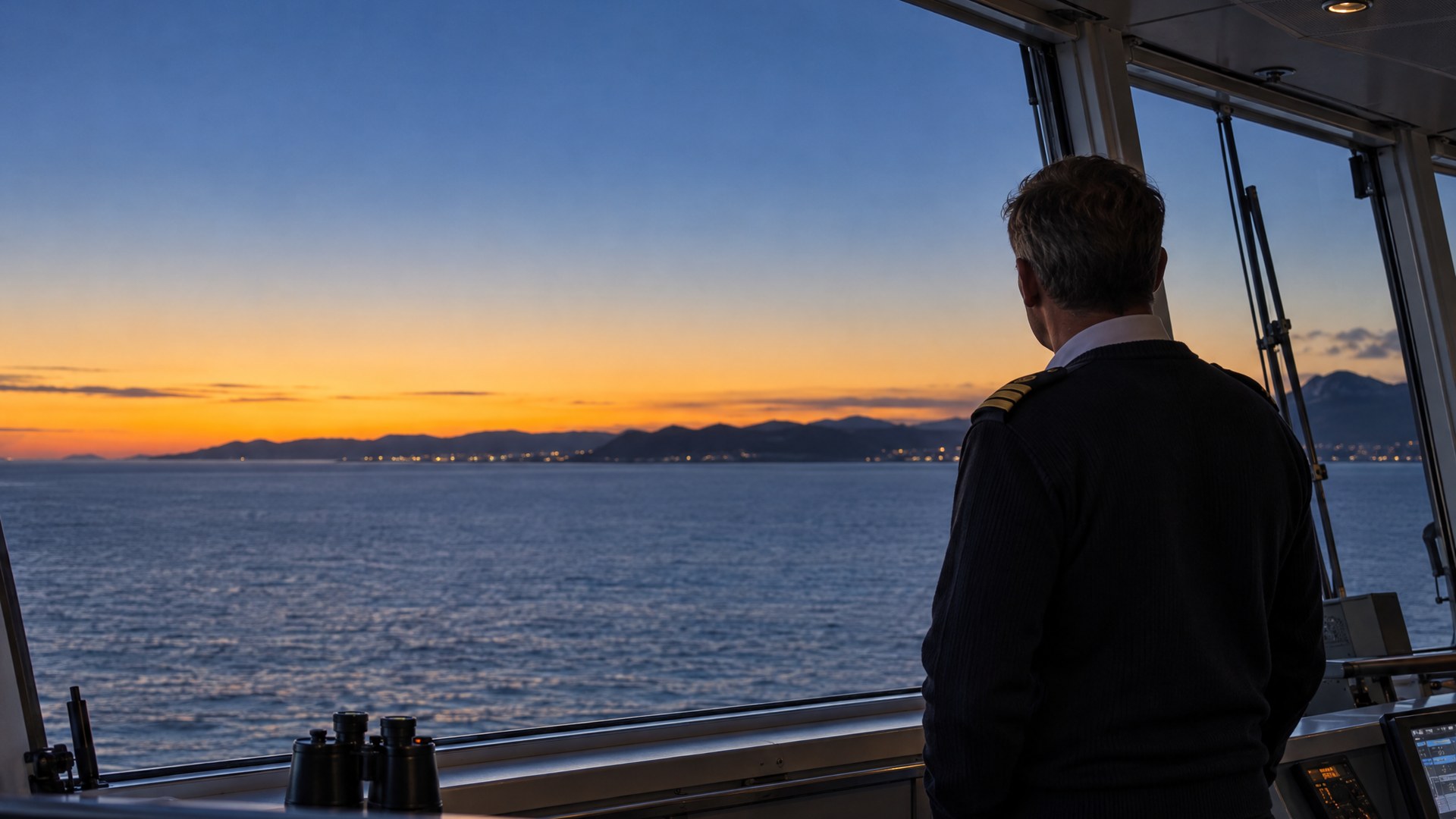 A ship officer on the bridge of a passenger ferry at dusk, looking out over a calm sea towards a distant coastline.
