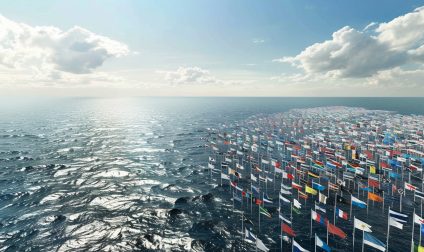 Many many flags at open sea.