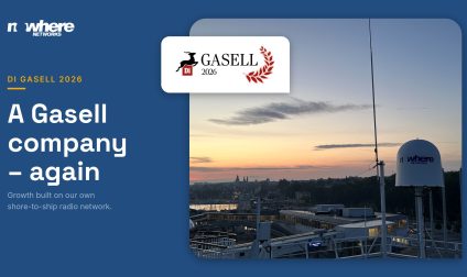 Navy graphic reading A Gasell company, again, with the official Di Gasell 2026 logo, beside a photo of a Nowhere Networks radome on a ship deck at sunset.