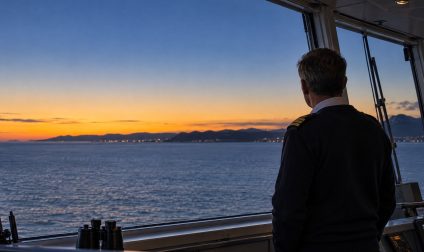 A ship officer on the bridge of a passenger ferry at dusk, looking out over a calm sea towards a distant coastline.